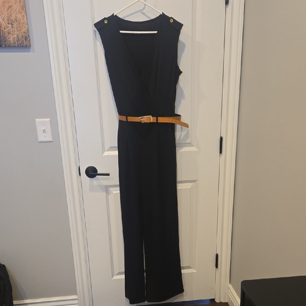 Elegant Black Jumpsuit with Tan Belt